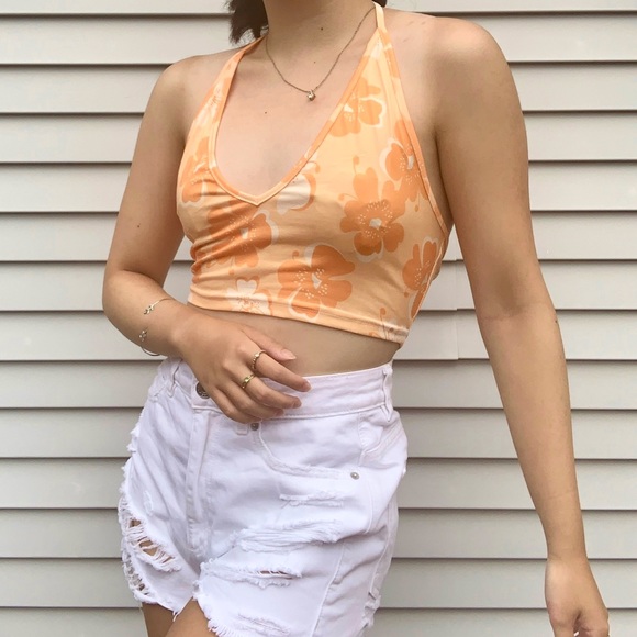Hawaiian floral print orange tie back top - Picture 1 of 5